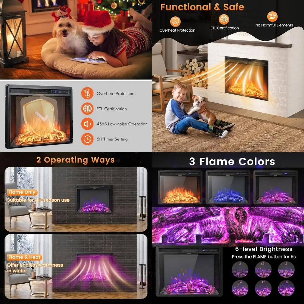 

Электрический камин 26 дюймов, 750 Вт/1500 Вт, настенный или напольный, с пультом ДУ, 2 цвета пламени, 4 уровня яркости, таймер на 5 часов