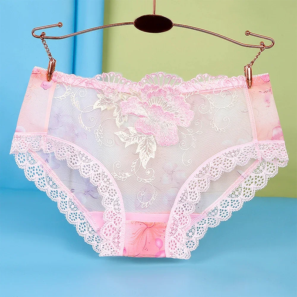 Plus Size Women Sexy Lace Border Seamless Panties Underwear Transparent Skin-Friendly Briefs Flower Embroidery Soft Underpants