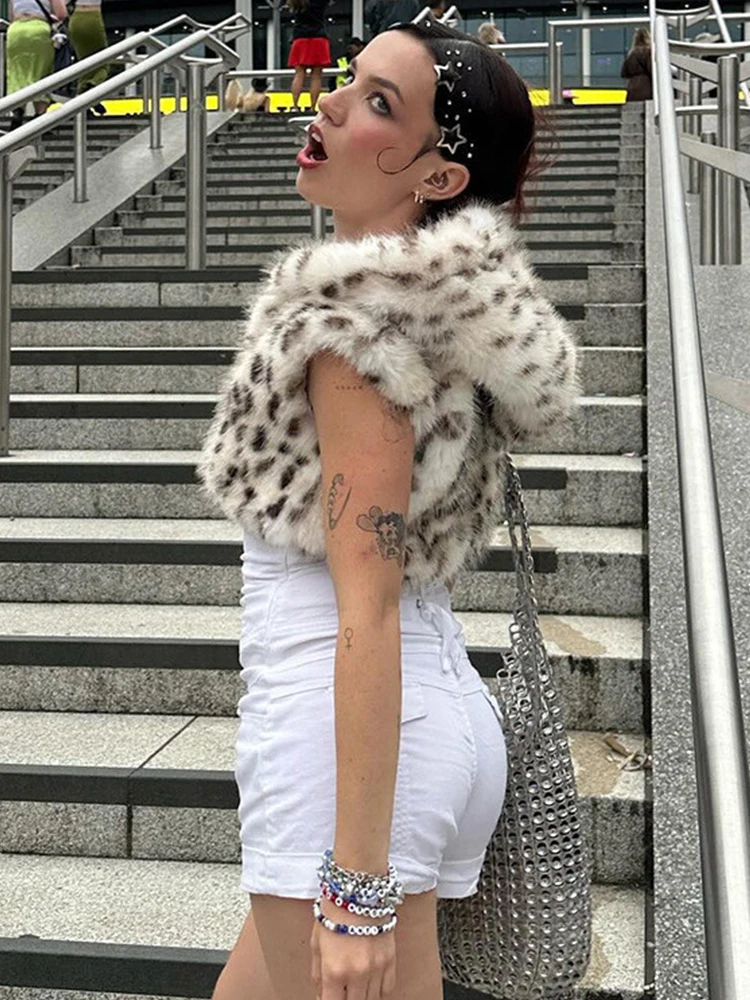 Women's Hooded Leopard Print Faux Fur Jacket, Short Crop Coat, Fall Winter Warm Outerwear, Streetwear Party