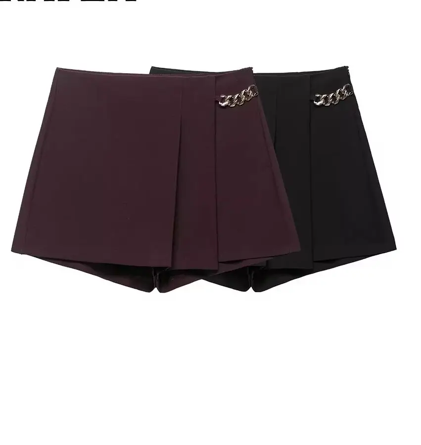 

KONDALA Chic Asymmetric Chain Burgundy Mini Shorts Skirt Sexy Elegant Mature Club Fashion 2025 Night Party Modern Female Shorts