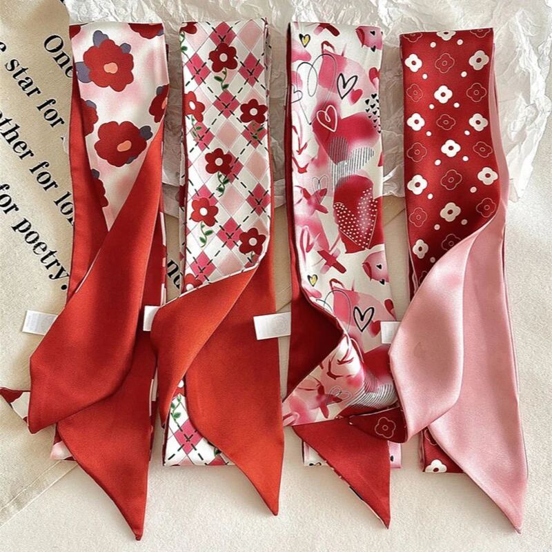 Luna&Dolphin Women Spring Skinny Long Scarf Red White Felower Love Print Chiffon Silk Tie Bag Ribbon Headband Choker