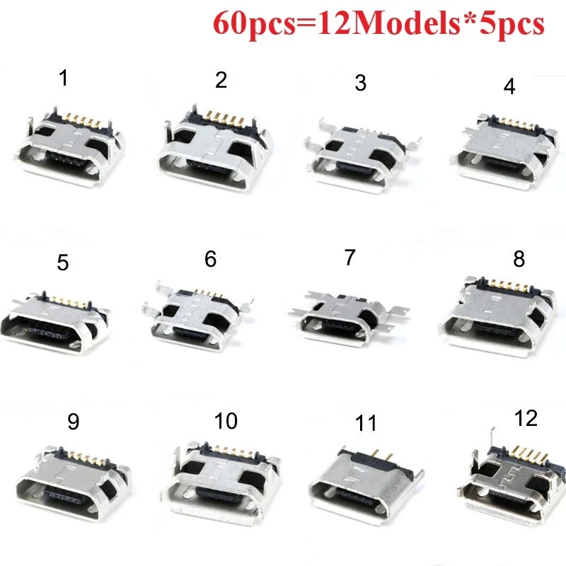 60PCS 5 Pin Socket Connector Micro USB Socket Connectors Assortment Set 12 Models SMD DIP
