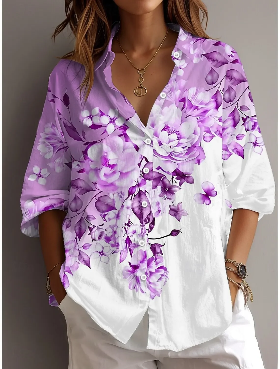 2023 Lente Herfst Dames Shirt Bloemen Grafische Blouse Revers Hals Blouse Vrouwen Lange Mouwen Dames Tops Vrouwelijke Kleding