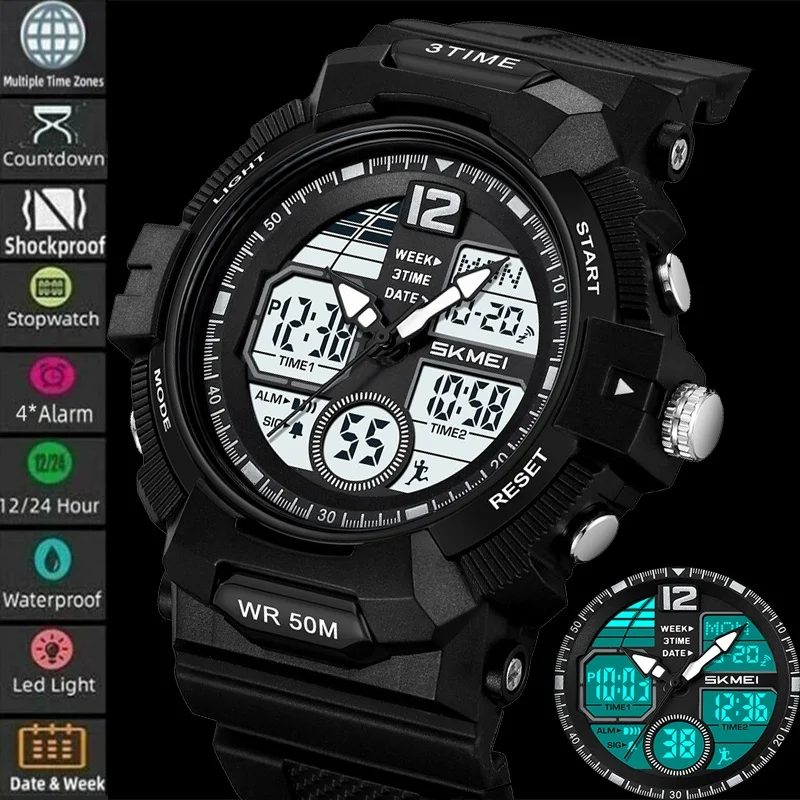 

Skmei 24-часовые военные спортивные часы с 4 будильниками, мужской светодиодный хронограф для плавания, мужской аналоговый цифровой дисплей, мировое время