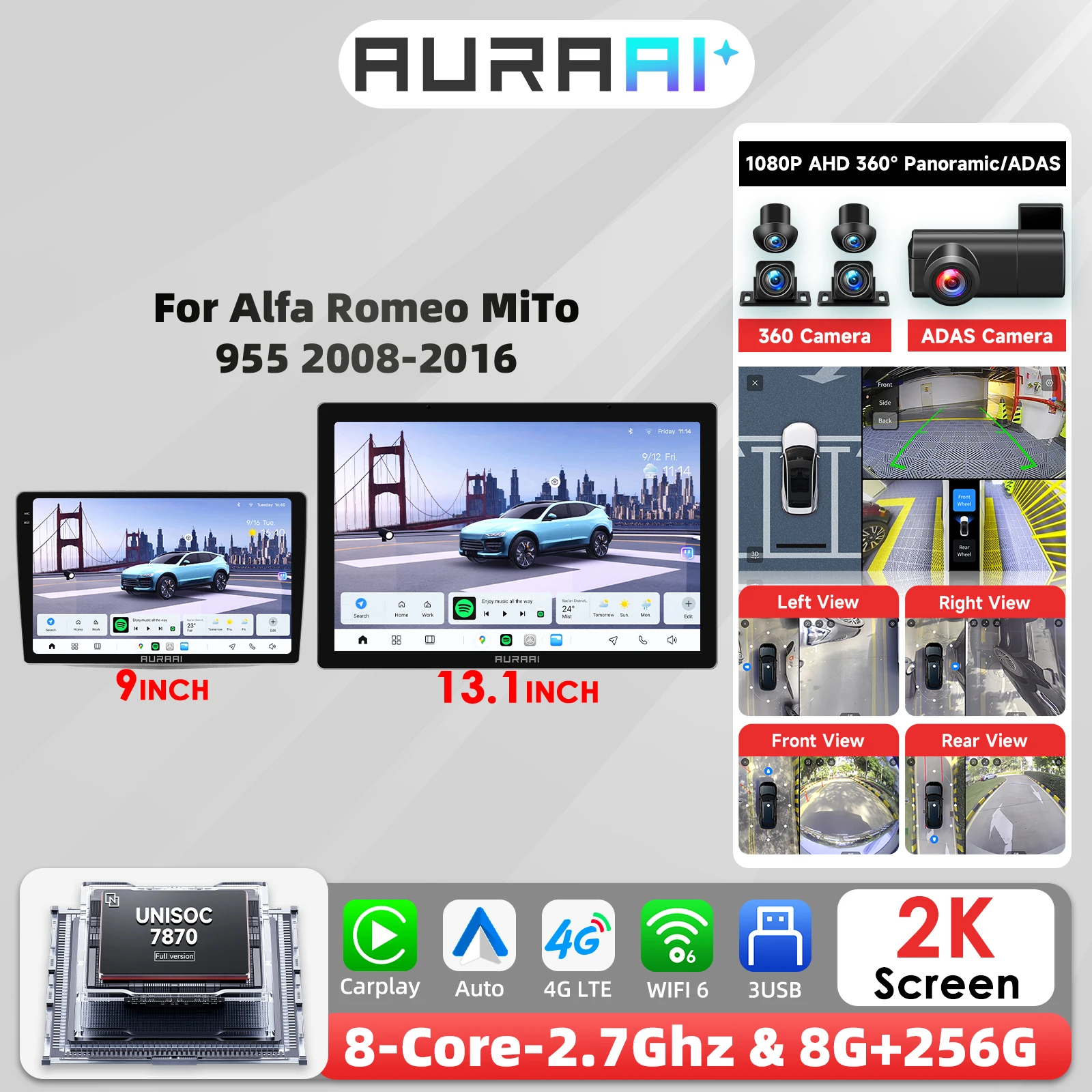 Écran intelligent Android 9''/13.1'' pour Romeo MiTo 955 2008 - 2016, caméra ADAS 360°, Carplay, 2K, autoradio GPS stéréo audio 7870