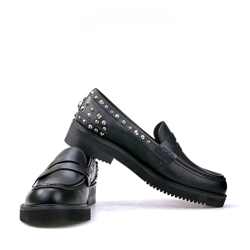 Men Black Genuine Leather Loafers Slip‑On Metal Stud Rivet Decor Chunky Sole Punk Rock Party Fashion Casual Dress Shoes