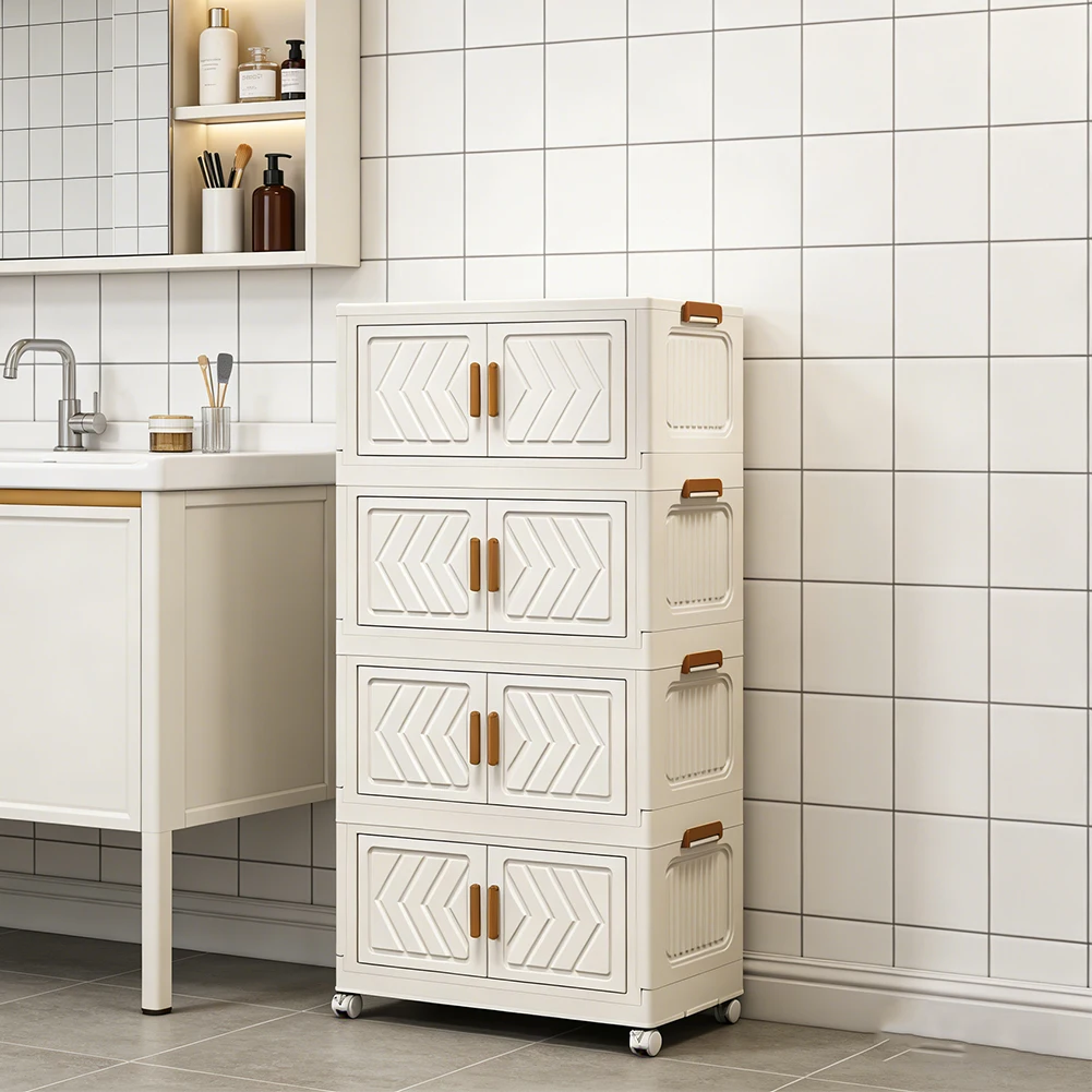 

4 Tier Plastic Storage Containers with Doors & Wheels Foldable Organization Folding Storage Boxes for Living Room Bedroom Office