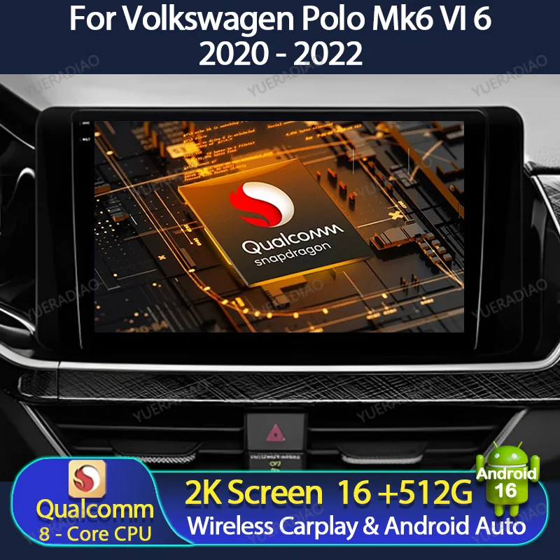 Android 16 Car Radio For Volkswagen Polo Mk6 VI 6 2020 - 2022 Qualcomm 2DIN Multimedia Video Player 4G LTE 5G WIFI GPS NAVI QLED