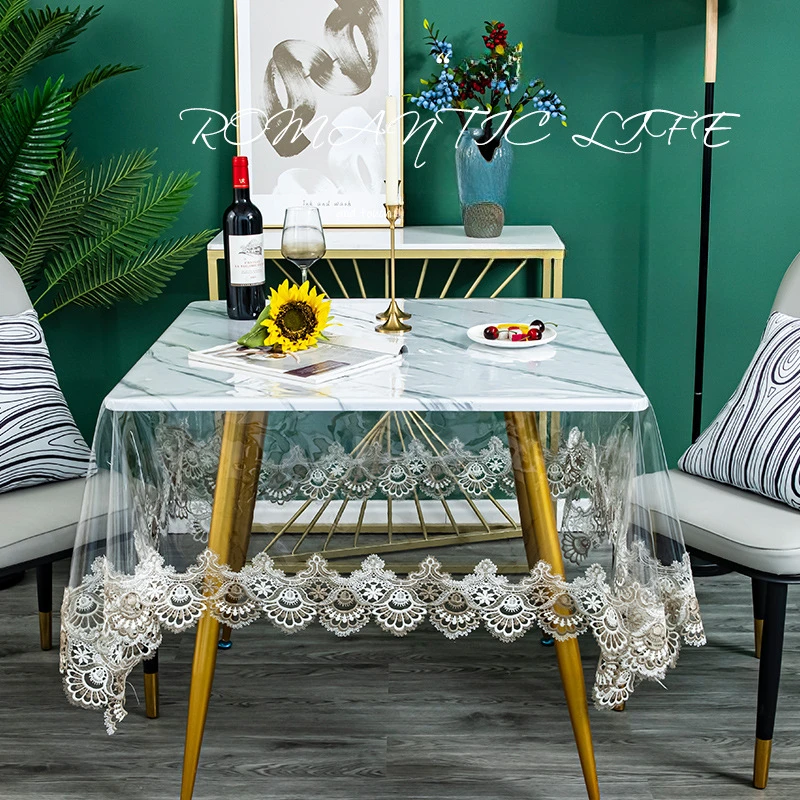 Transparent Soft PVC Tablecloth for Kitchen, Collapsible Table Cloth, Embroidered Border, Square, Waterproof Table Mat