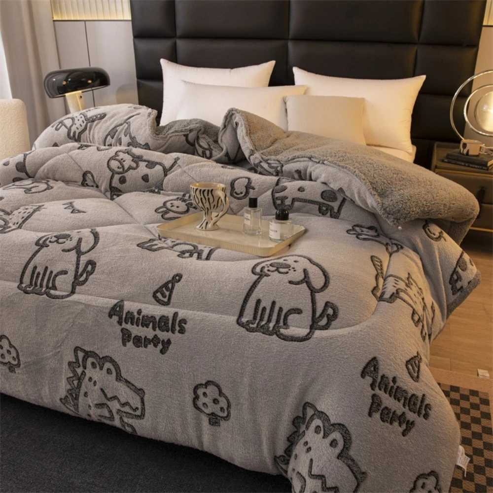 1‑Piece Cartoon Animal Party Print Sherpa Comforter Reversible Flannel Thick Warm Winter Quilt Soft Cozy Bed Duvet For Bedroom Home
