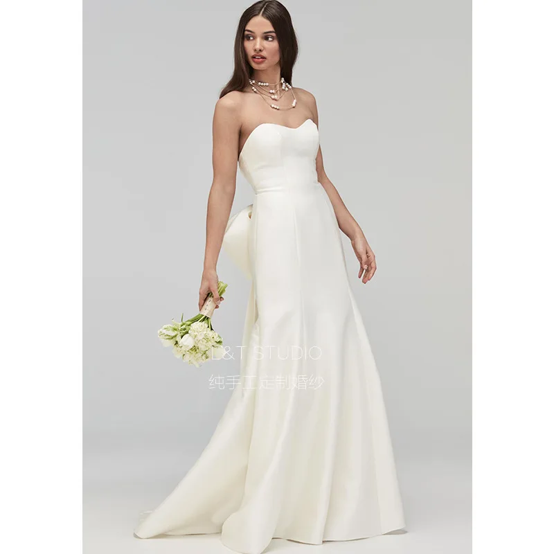 

Forest Style Wedding Dress Strapless2025New Cute Big Bow Simple Retro Satin Waist-Cinching Mermaid Wedding Dress for Women
