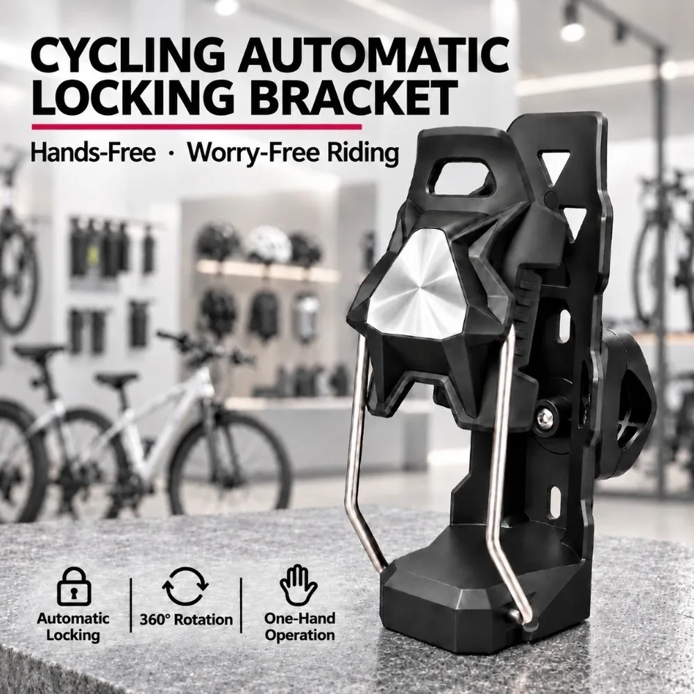 Automatic Locking Motorcycle Cup Holder Adjustable Anti-Slip Bike Bottle Cage 360 Degree Rotation No Drill Installation