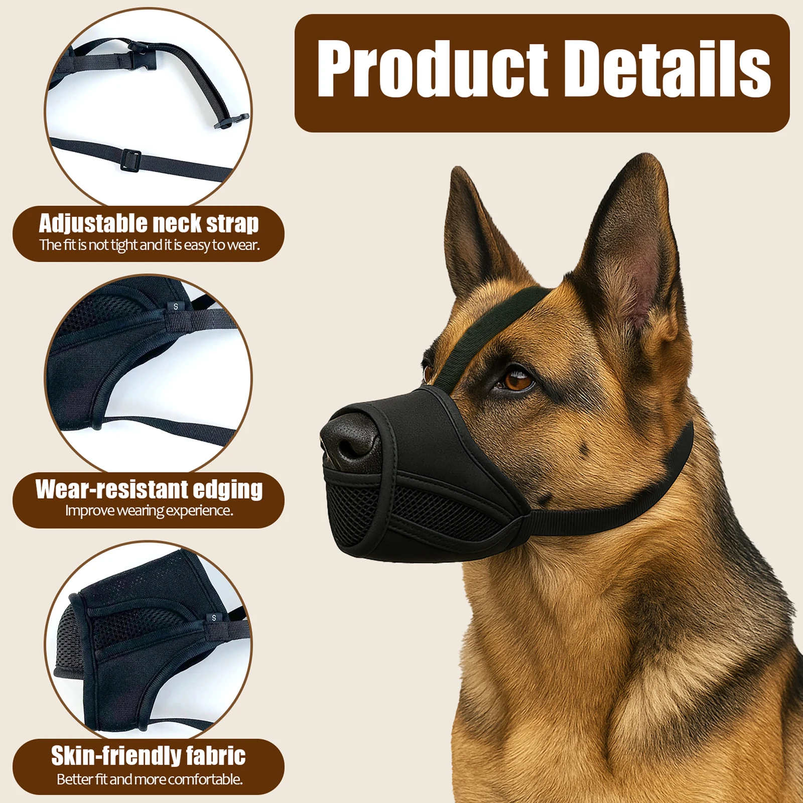 Neuer Hunde-Maulkorb aus atmungsaktivem Netzgewebe für Spaziergänge, Beißschutz, Alarmfunktion, Verhindert Bissverletzungen, Verstellbare Gesichtsmaske