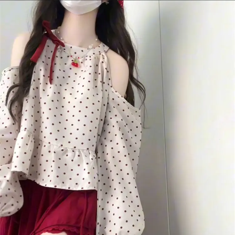 

Two-piece Suit with Sweet Temperament Bow Design Polka Dot Off-shoulder Long-sleeved Shirt Paired with Red Cake Skirt