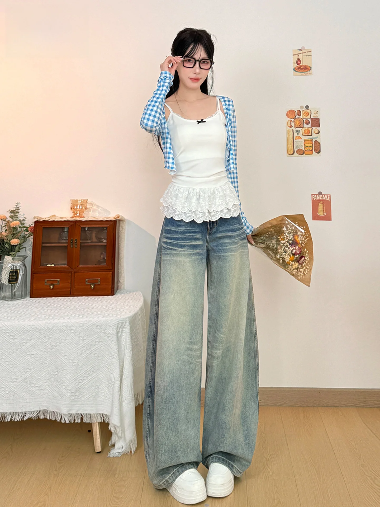 

Женские летние джинсы в американском ретро-стиле, широкие, свободного кроя, с эффектом потертости, с высокой талией, повседневные брюки из денима