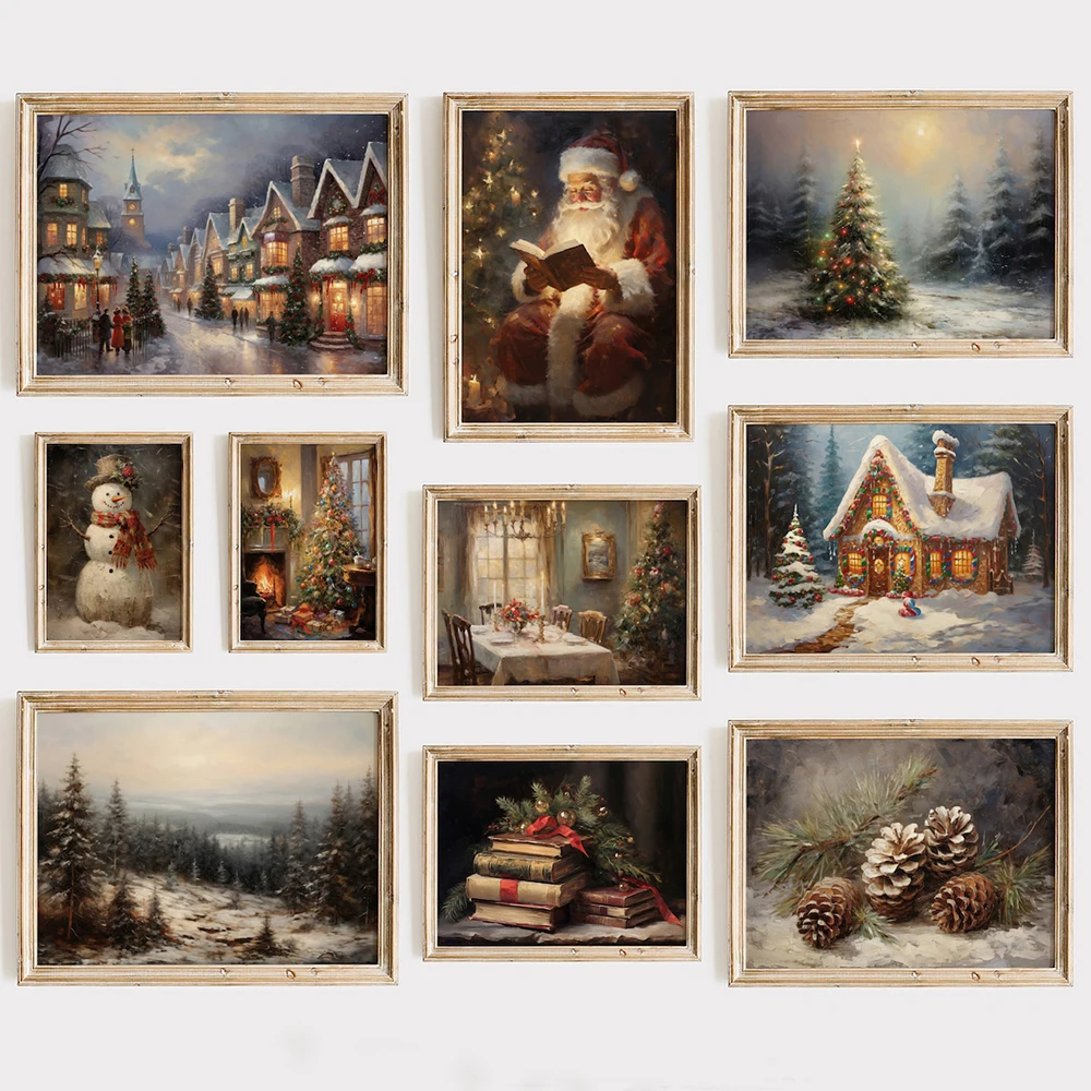 سانتا كلوز الأيائل قماش يطبع البلد مزرعة ثلج الشتاء المشهد عطلة الجدار ملصق فني غرفة المعيشة الحديثة ديكور المنزل #1