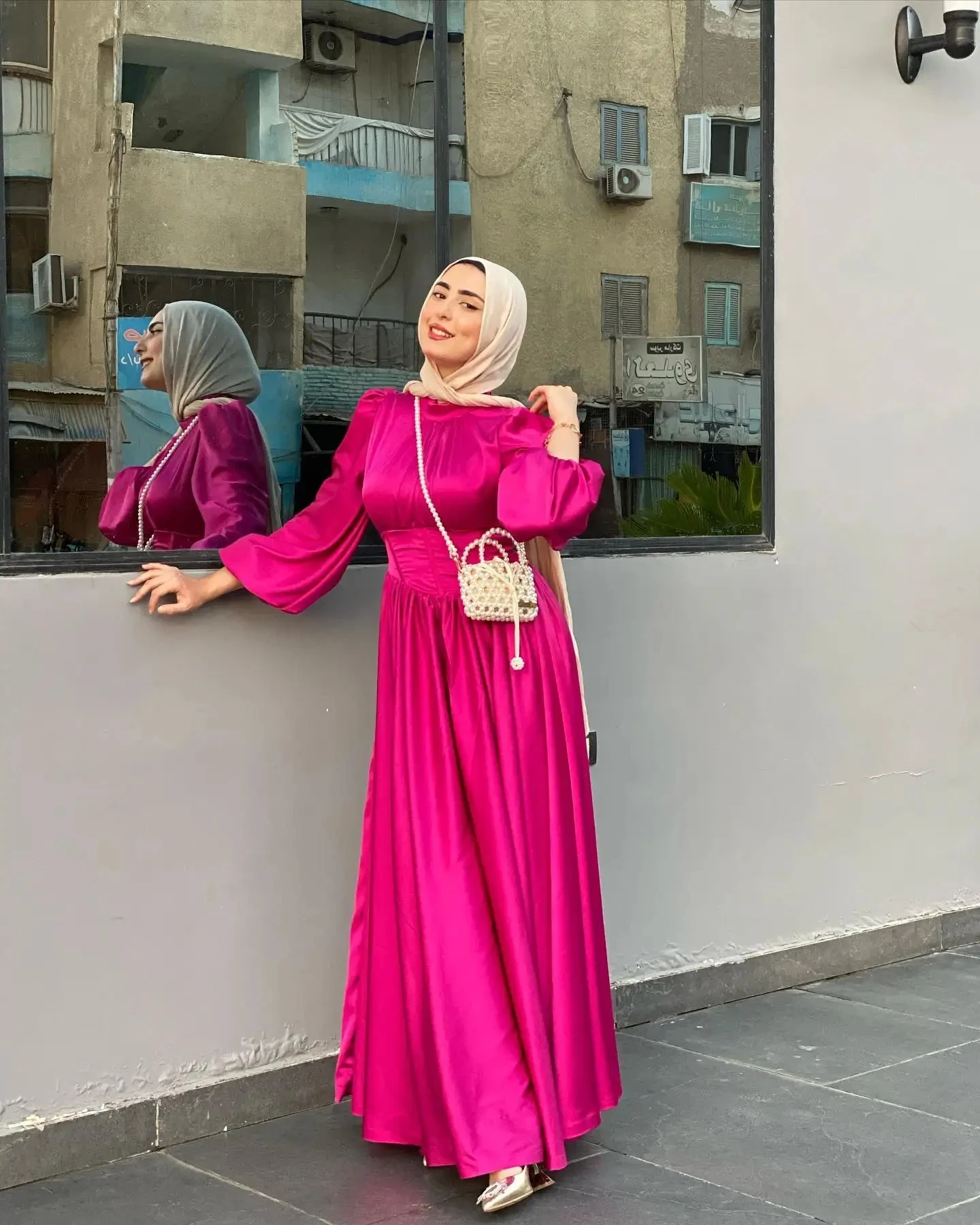 

Flora Dress Elegant Rose Red Satin A-Line Muslim Prom Gowns High Neck Long Sleeves Party Evening Gown Special Occasion Dress