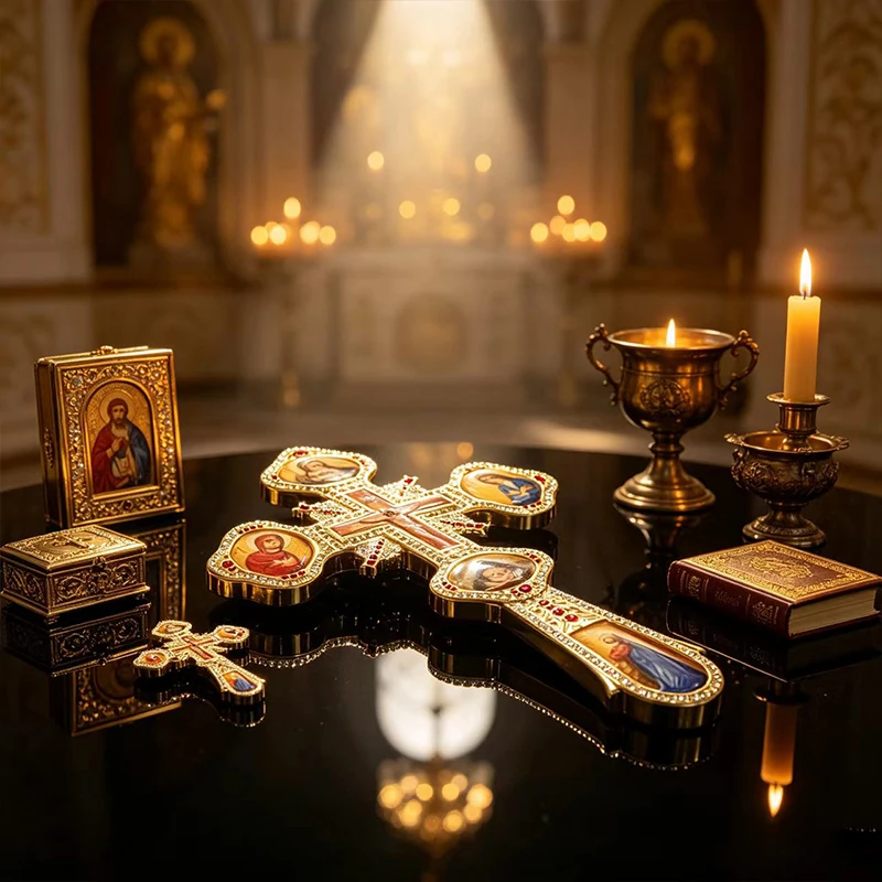 Neues Orthodoxes Golgatha-Handkreuz, Goldene Ikone, Jesus, Maria, Heilige, Rote Perlen, Kirchenliturgie, Segen, Byzantinisches Christliches Geschenk – Detail 5