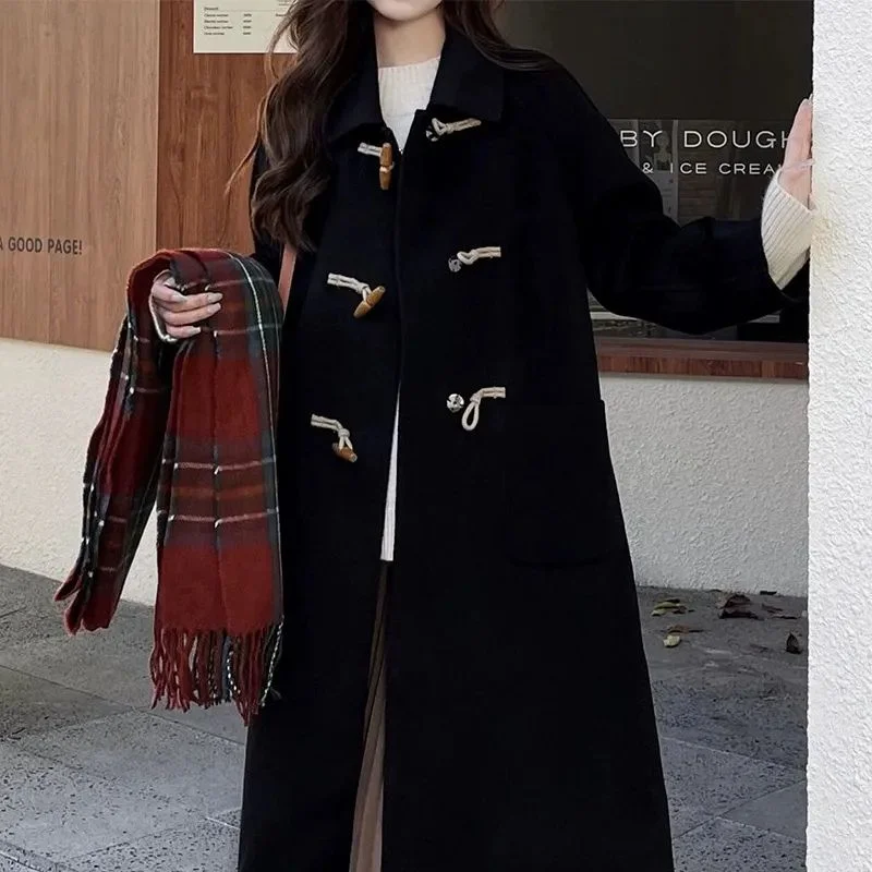 

Cow Horn Button Wool Coat Women's Wool Coat Solid Color Cardigan Top
