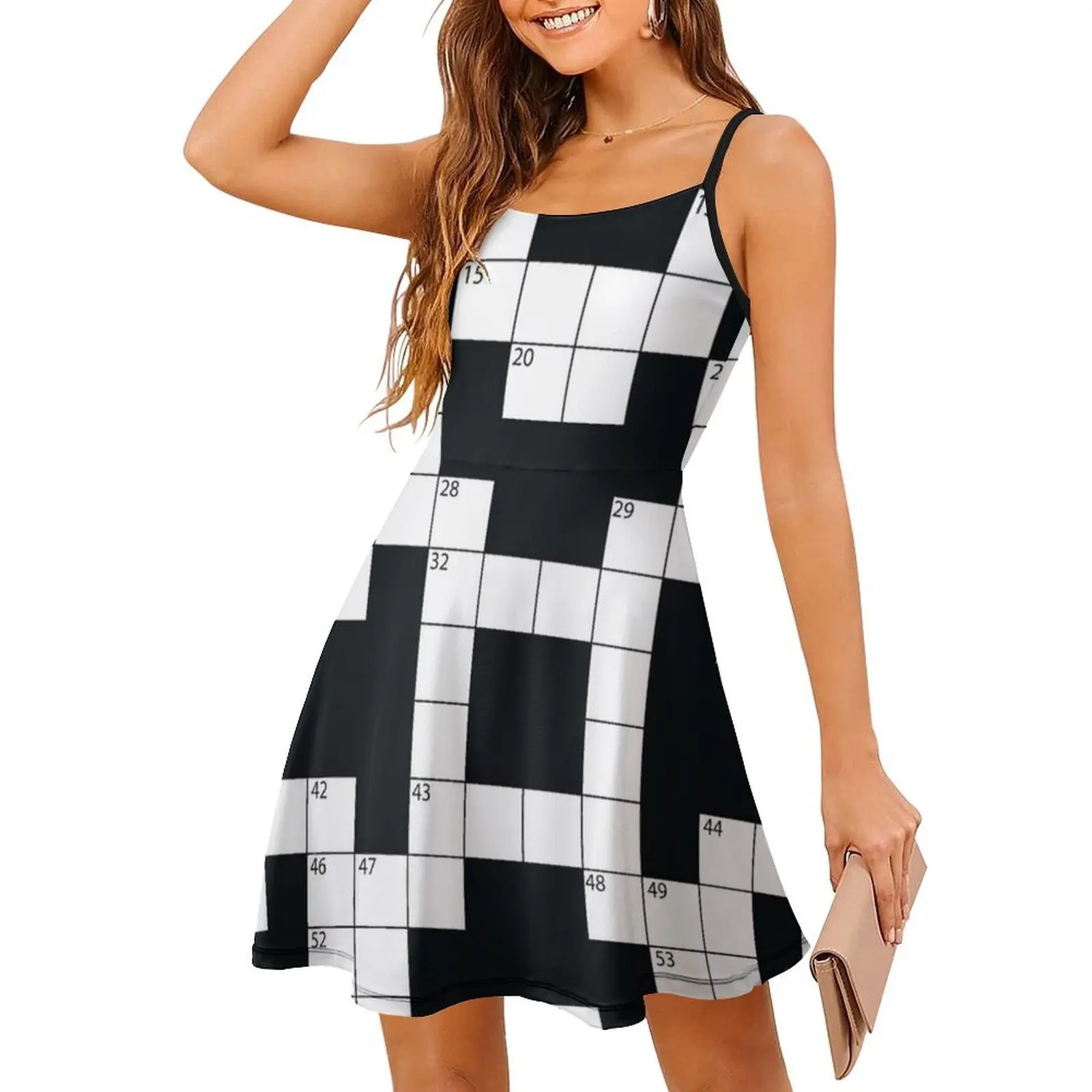 فستان بوهيمي بدون أكمام للتفكير عبر الكلمات، فستان متعدد الطباعة لقضاء العطلات على الشاطئ، كلمات متقاطعة، لعبة كلمات متقاطعة