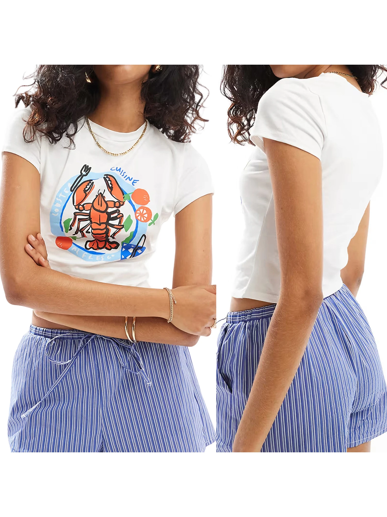 Sommer-T-Shirt für Damen, lässige Passform, stilvoller Krabben-Print, Rundhalsausschnitt, kurze Ärmel, bauchfreie Tops mit Rüschensaum-Detail