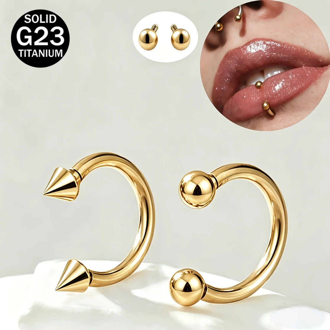 2pcs Punk Internal Thread C-Ring Lip Ring Jewelry G23 Titanium Cartilage Earring Spherical and Pointed Cone for Nostril Piercing