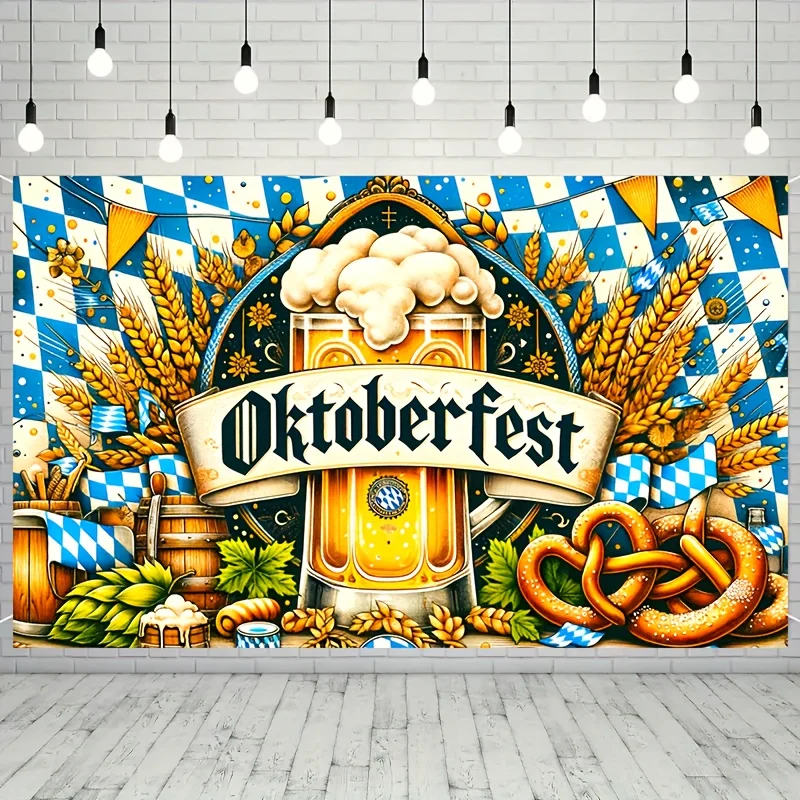 Banner temático del Oktoberfest, Fondo de celebración tradicional alemana, diseño de cerveza y pretzel, 1 pieza
