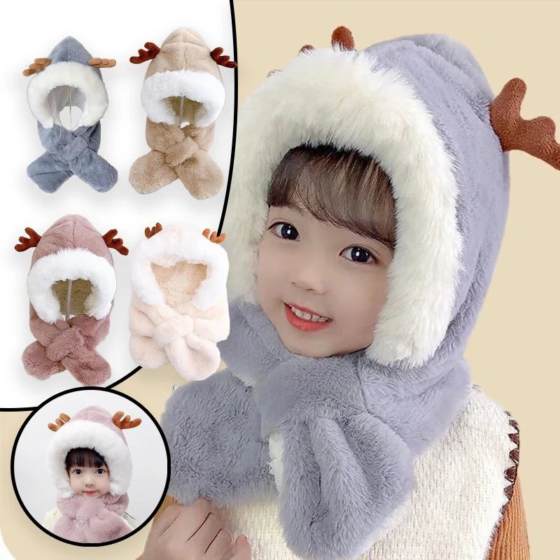 

Kids Deer Antler Hat Scarf Set Winter Warm 2 in 1 Unisex Baby Thickened Windproof Thermal Cap Neck Warmer Cute