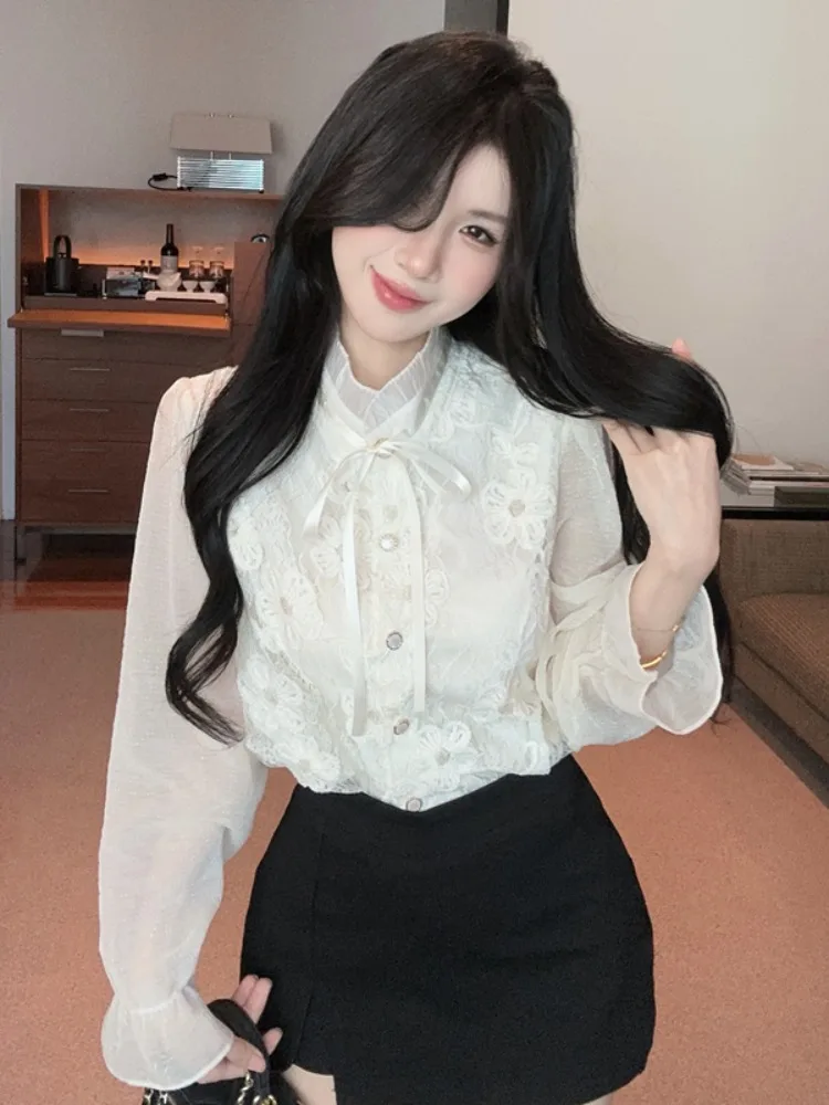 

Spring New Style Loose Knot Design Printed Shirt Women's Open Cardigan Single Button Vertical Collar Splice Design