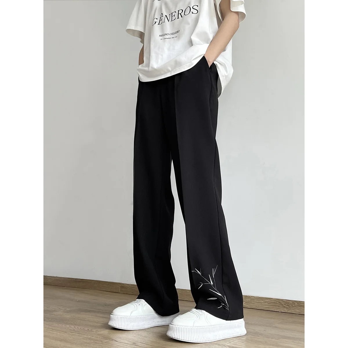 Summer Chinese style versatile loose fitting Chinese style bamboo leaf embroidery trend straight tube casual long pants slim cut