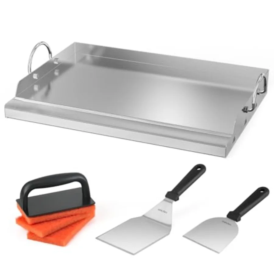 Plancha de asar plana para exteriores de 18×12.5 con espátula raspadora para barbacoa y estropajo para parrillas de gas y carbón en acero inoxidable negro