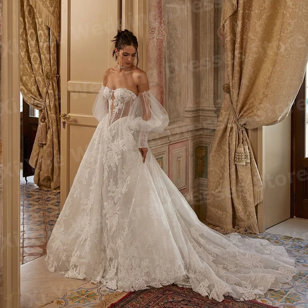 

Charming A Line Women's Wedding Dresses Puff Sleeve Vestidos De Novias De Boda Bride Gowns Customized Lace Appliques Vestidos
