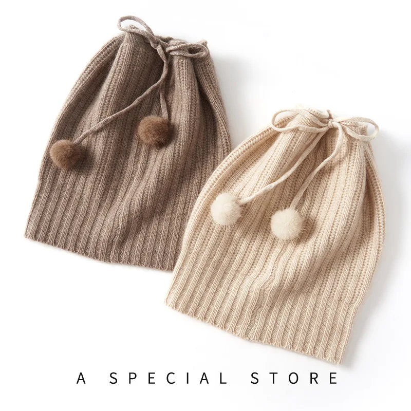 Goat Velvet  Autumn And Winter  Female High-End Knitting Outdoor Warm Drawstring With Ball Ear Protection Hat Knitted Casual Hat