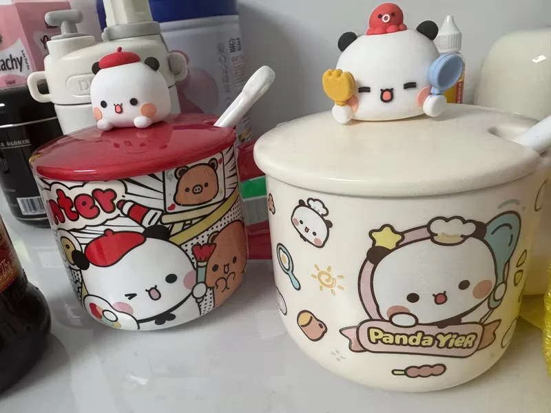 Anime Cute Panda Creative Ceramic Mug With Lid And Spoon Cartoon Print Breakfast Oatmeal Cup For Home Office Coffee Drinking - view 3