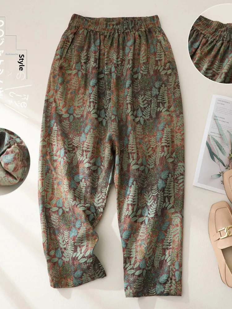 

Женские повседневные хлопковые и льняные брюки-морковки с высокой талией и винтажным принтом, свободные длинные брюки, лето 2023, для поездок на работу