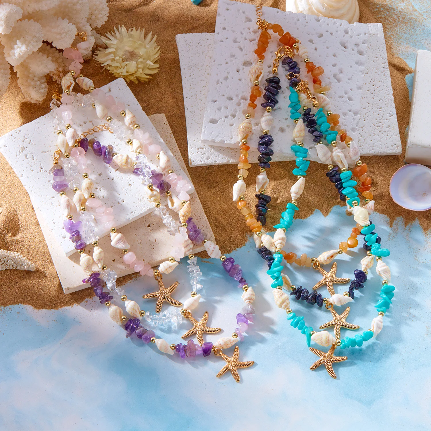 Boho Muschel Rosa Stein Choker Halskette für Frauen Goldfarben Seestern-Anhänger Strand-Schmuck für Sommerurlaub Y2K Ästhetisches Geschenk – Detail 11