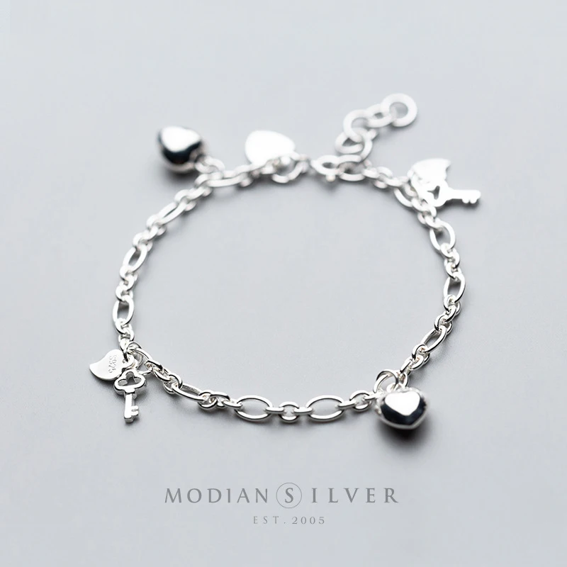 Modian New 925 Sterling Silver Simple Hearts Key Charm Bracelet Bangle for Women Link Chain Korea Style Fine Jewelry Pulseira