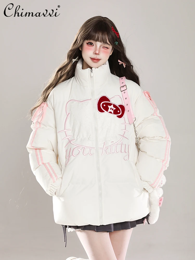 

Lace Embroidery Cute Cartoon Stand-up Neck Cotton-padded Coat Women Winter Sweet Girl Loose Versatile Warm Student Padded Jacket