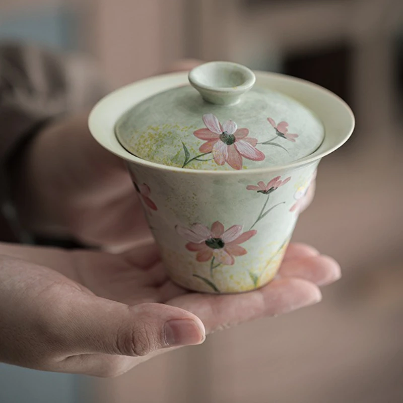 

Hand Drawn Daisy Horseshoe Gaiwan Zen Tea Tureen Tea Bowl With Lid Kit Tea Maker Cover Bowl Chinese Tea Set Collection