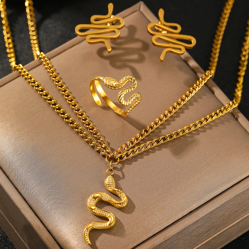 Stainless Steel Jewelry Set Fashionable Atmosphere Snake Earrings Snake Necklace Snake Ring Jewelry Set For Women Jewelry Gifts