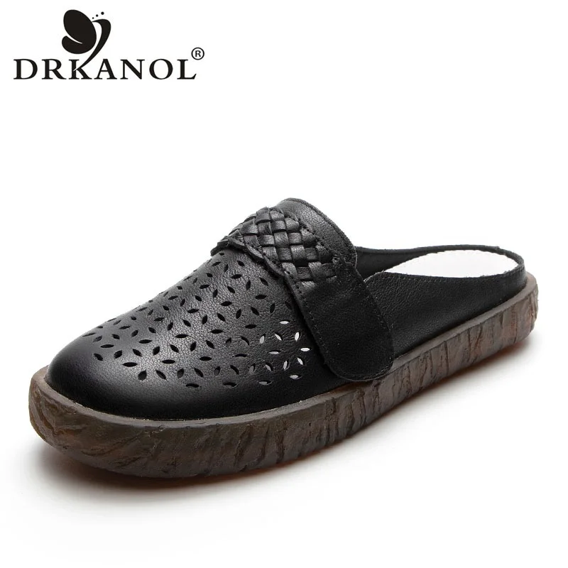 

DRKANOL Summer Slippers Women Shoes 2024 Genuine Leather Hollow Out Round Toe Slip On Soft Cow Muscle Sole Outside Casual Slides