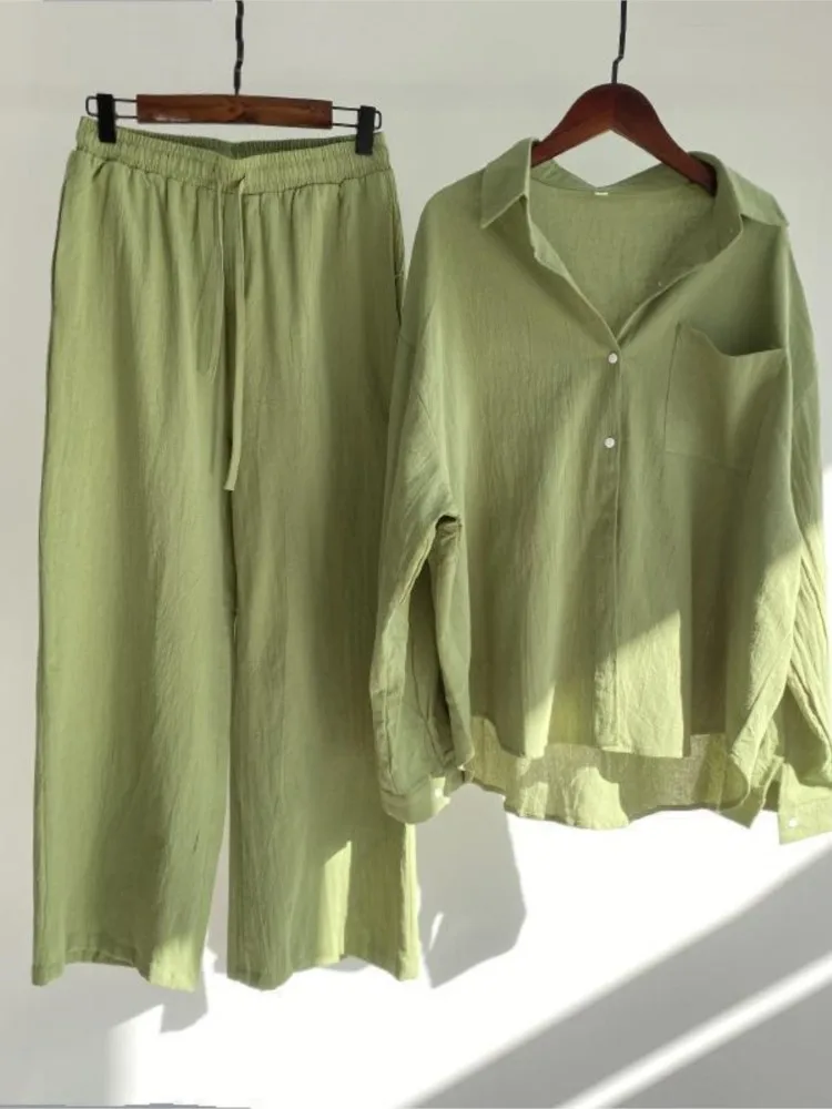 

Spring Summer Women's Two Piece Casual Long Sleeve Shirt Women's Suit Fashion Button Casual Female Wide Leg Pants 2 Piece Sets