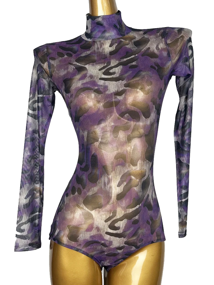 2025 nuevo mono de leopardo púrpura de manga larga Chacha Rumba Tango ropa de práctica latina para mujeres adultos Tops de baile latino XH3848