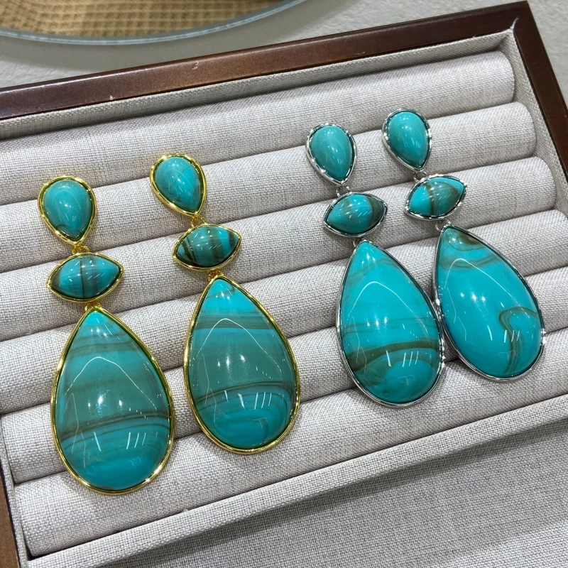 Triple Layer Water Drop Statement Earrings Smooth Swirl Green Stone Gold Silver Frame Ladies Accessory