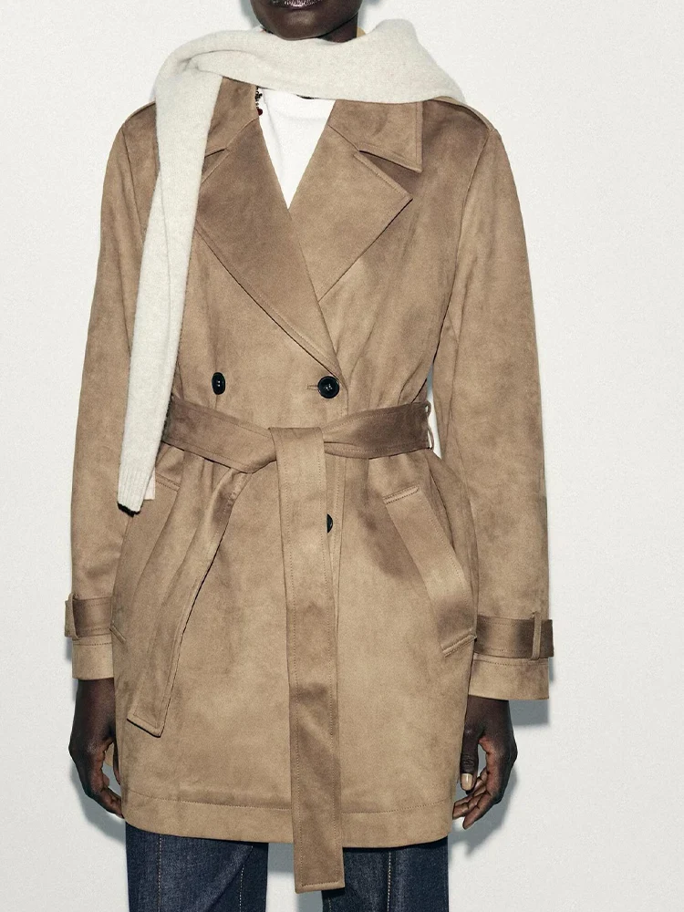 

European and American style autumn new fashion women's clothing lapel pocket decoration imitation suede effect windbreaker jacke