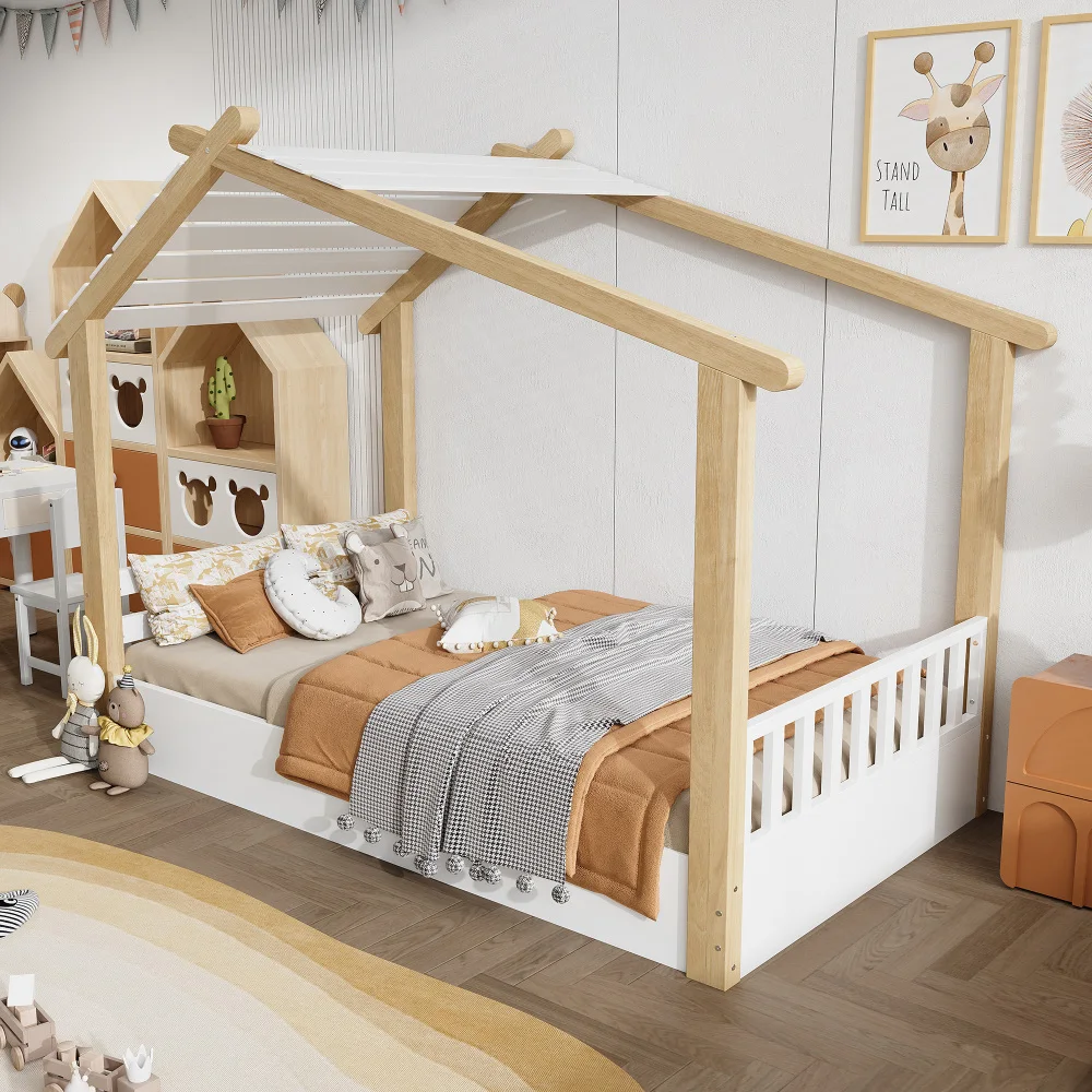 PINGGO Weißes Naturholz-Einzelbett 90x200cm Hausdesign Lattenrost Kiefer+Spanplatte+MDF Ohne Matratze – Detail 7