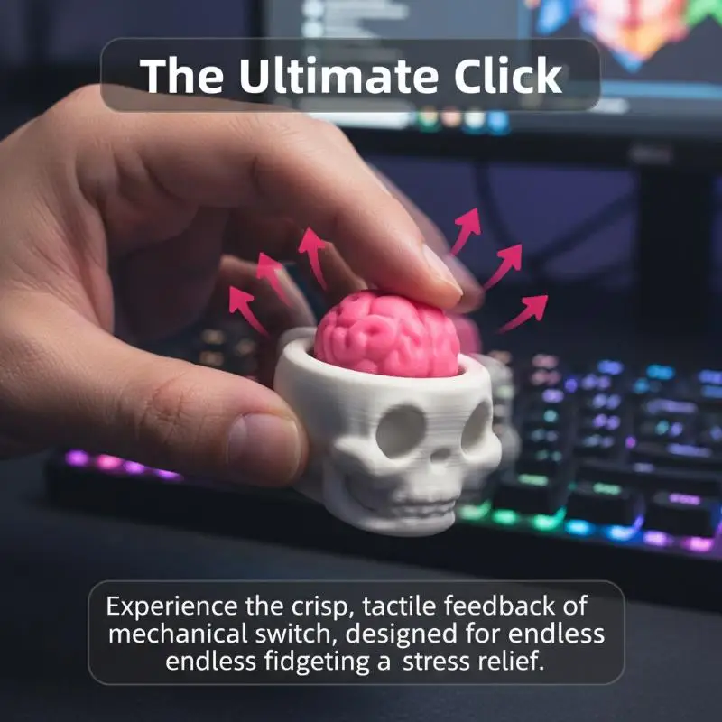 Mechanical Keyboard Skull Brain Keychain 3D Print Novelty Office Stress Relief Toy for Gamers and Students