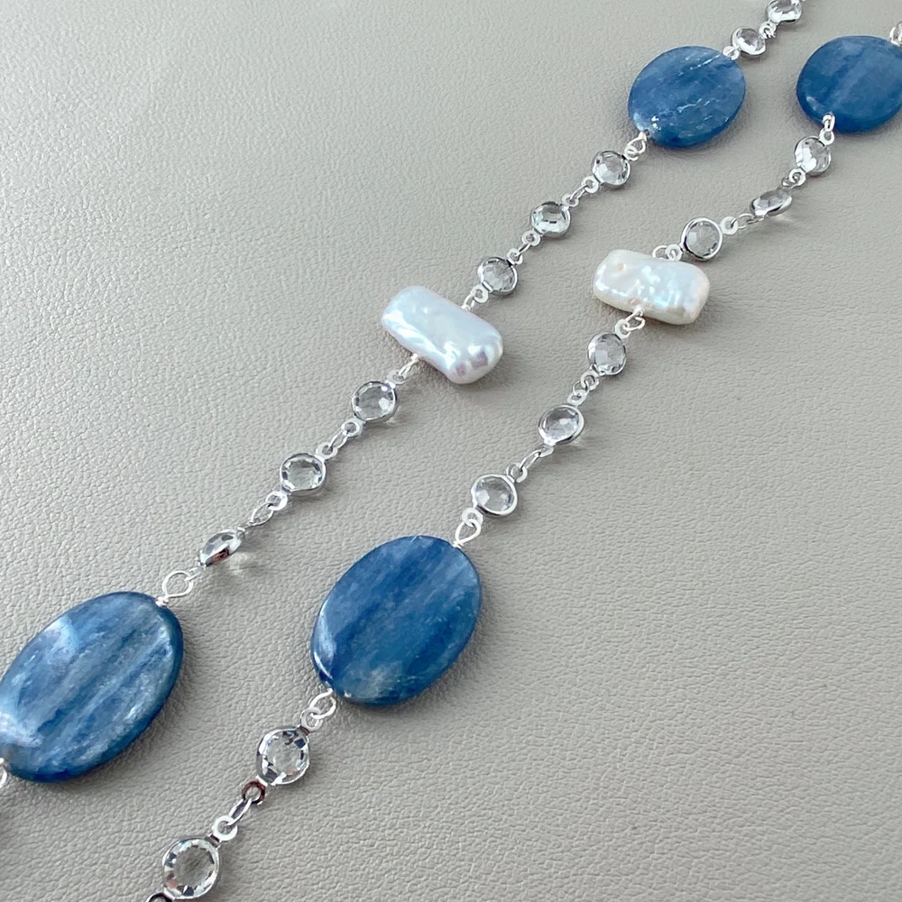 Y·YING Collier long en perles d'eau douce blanches Biwa et kyanite bleue ovale, chaîne de chapelet, bijoux en pierres précieuses, cadeaux