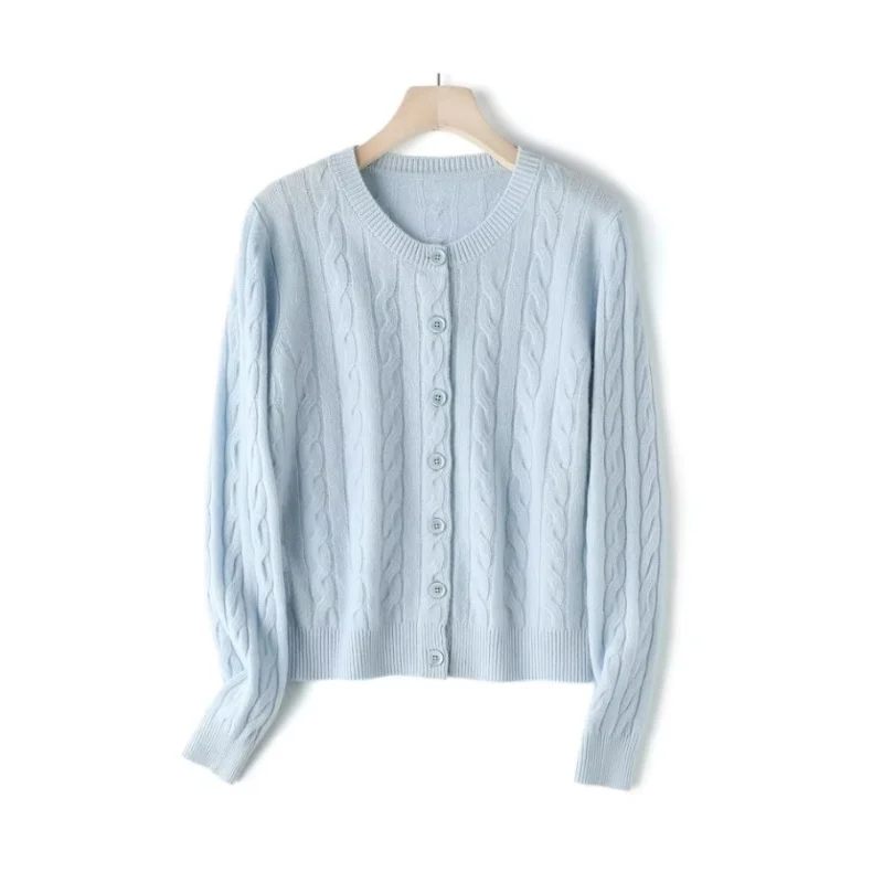 

Women 100% Wool Twist Sweater Cardigan Autumn Round Neck Single Breasted Elegant Knitwear