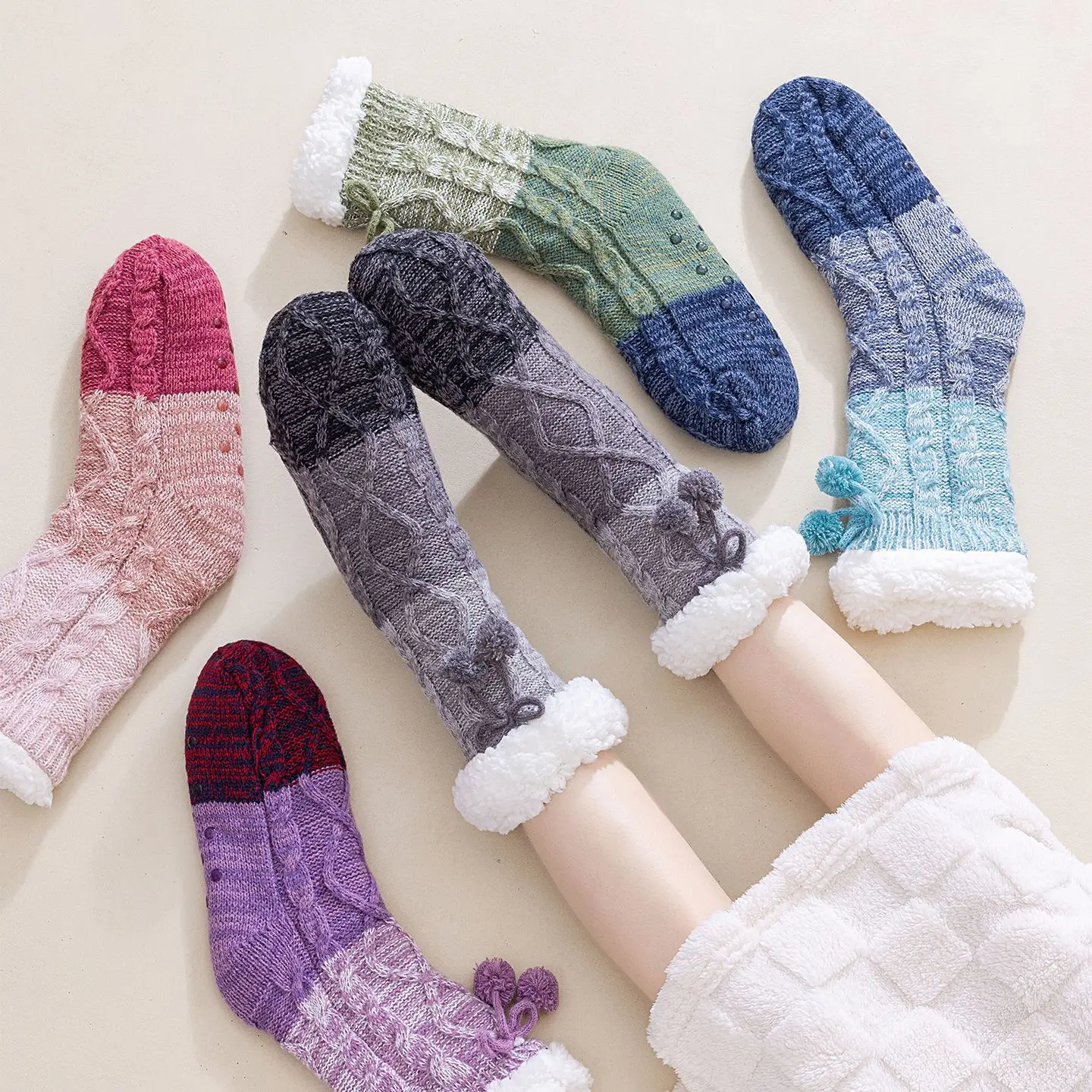 Non-slip Silicone Floor Socks, Lamb Wool Socks, Thick and Warm, Medium Tube Socks, Color Matching,  Hairball, Autumn and Winter